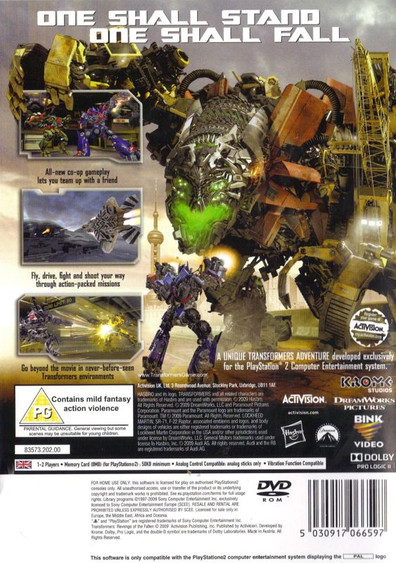 Back Cover for Transformers: Revenge of the Fallen (PlayStation 2)