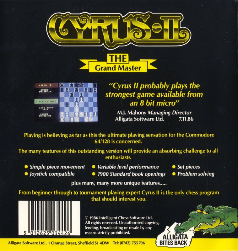 Back Cover for Cyrus II Chess (Commodore 64) (Floppy version)