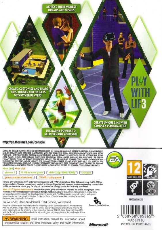 Back Cover for The Sims 3 (Xbox 360)