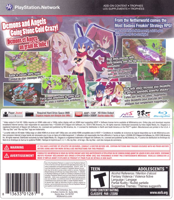 Back Cover for Disgaea D2: A Brighter Darkness (PlayStation 3)