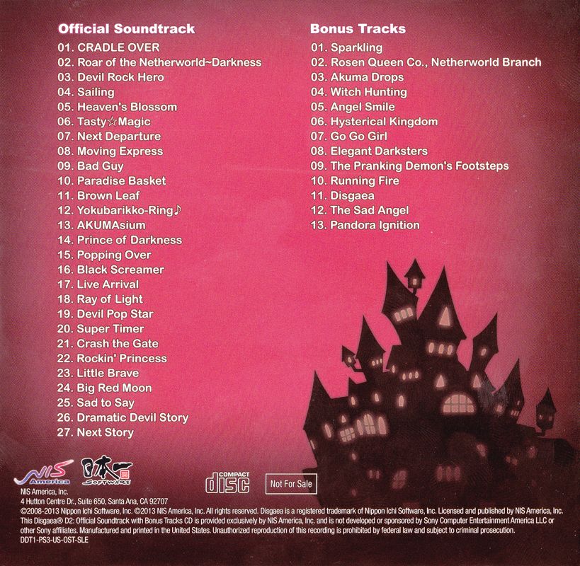 Other for Disgaea D2: A Brighter Darkness (PlayStation 3): Soundtrack Sleeve - Back
