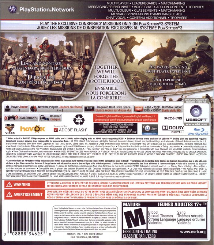 Back Cover for Assassin's Creed: Brotherhood (PlayStation 3)