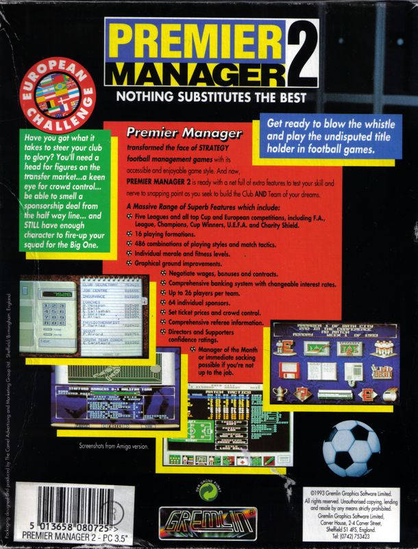 Back Cover for Premier Manager 2 (DOS)