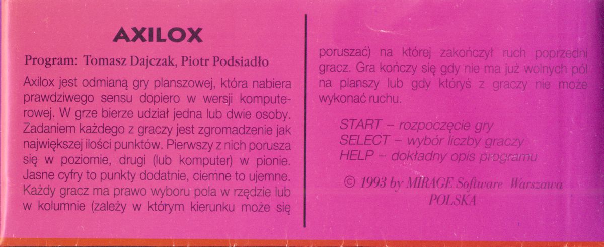 Back Cover for Axilox (Atari 8-bit) (5.25" disk release)