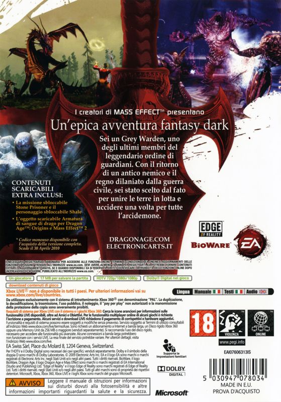 Back Cover for Dragon Age: Origins (Xbox 360)