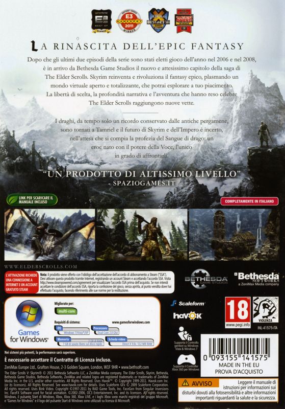 Back Cover for The Elder Scrolls V: Skyrim (Windows)