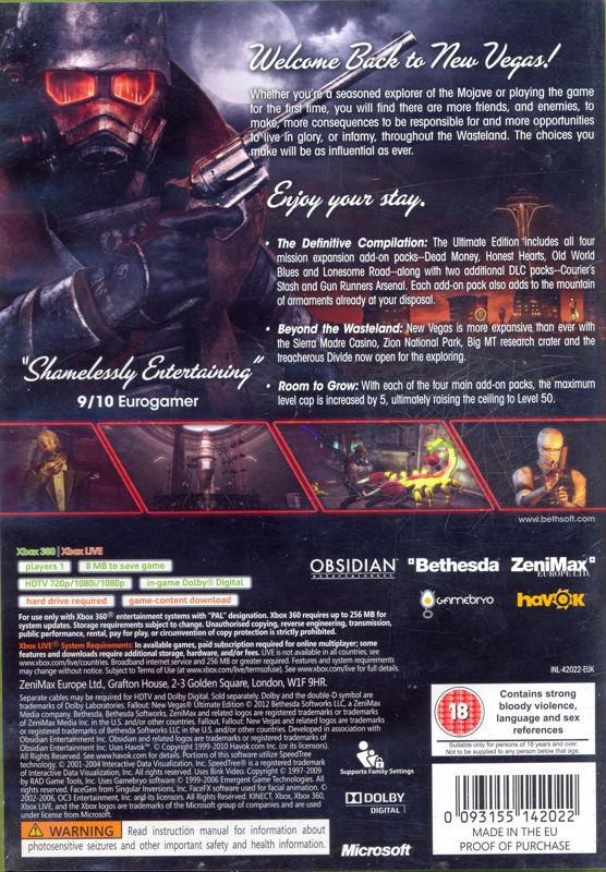Back Cover for Fallout: New Vegas - Ultimate Edition (Xbox 360)