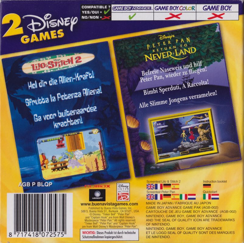 Back Cover for 2 Disney Games: Disney's Lilo & Stitch 2 + Disney's Peter Pan: Return to Never Land (Game Boy Advance)