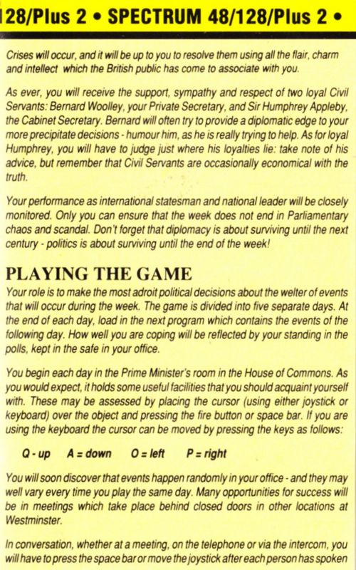 Inside Cover for Yes Prime Minister: The Computer Game (ZX Spectrum) (Mastertronic Plus release)