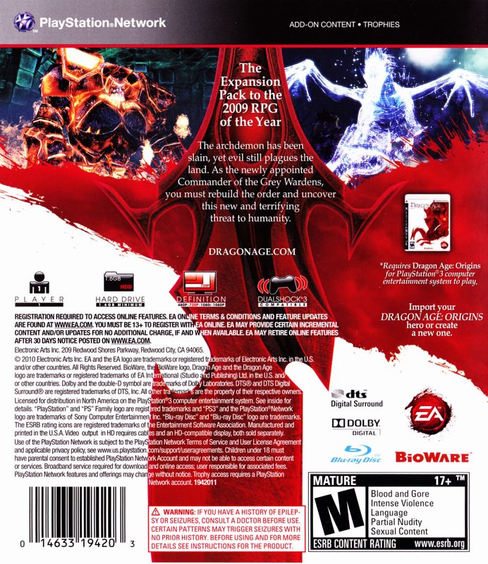 Back Cover for Dragon Age: Origins - Awakening (PlayStation 3)