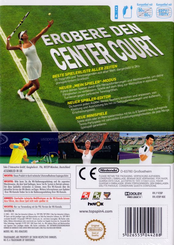 Back Cover for Top Spin 4 (Wii)