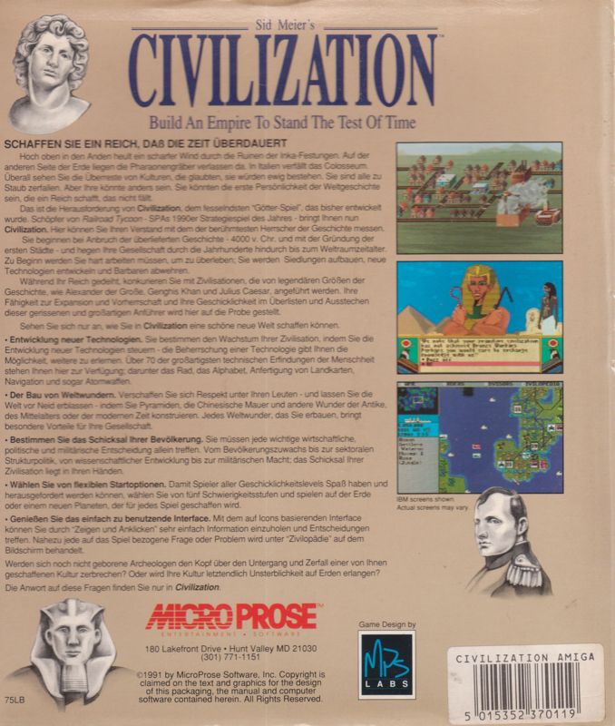 Back Cover for Sid Meier's Civilization (Amiga) (MicroProse Summer Surprise release)