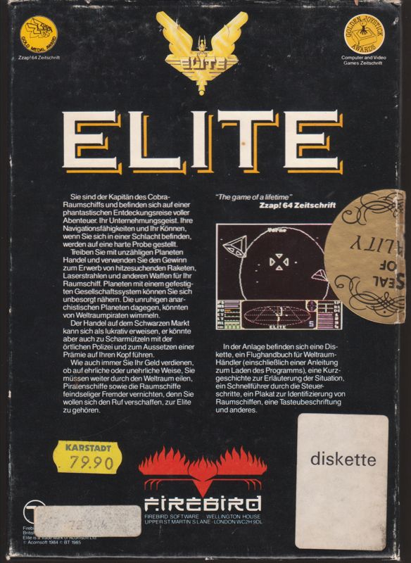 Back Cover for Elite (Commodore 64) (Ariolasoft release)