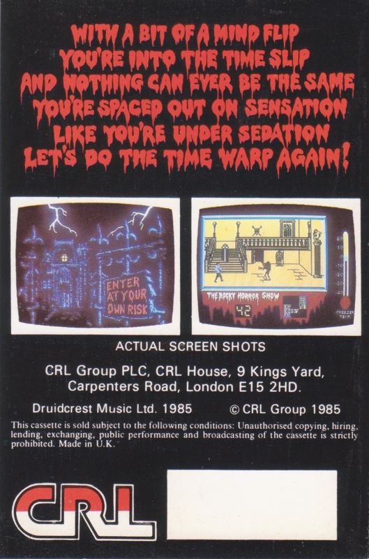 Back Cover for The Rocky Horror Show (Commodore 64) (Release with alternate tape)