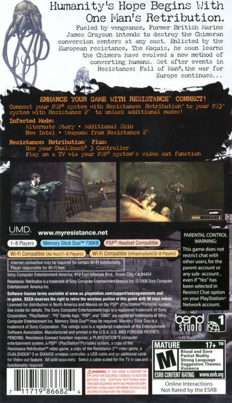 Back Cover for Resistance: Retribution (PSP)