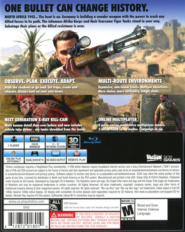 Back Cover for Sniper Elite III: Afrika (PlayStation 4)