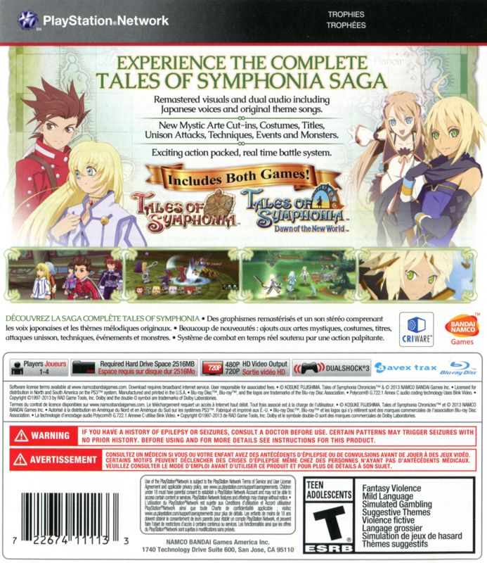 Back Cover for Tales of Symphonia Chronicles (PlayStation 3)