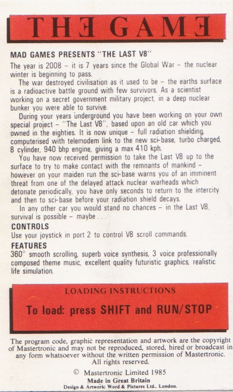 Inside Cover for The Last V8 (Commodore 64) (Alternate inside artwork): Right of front