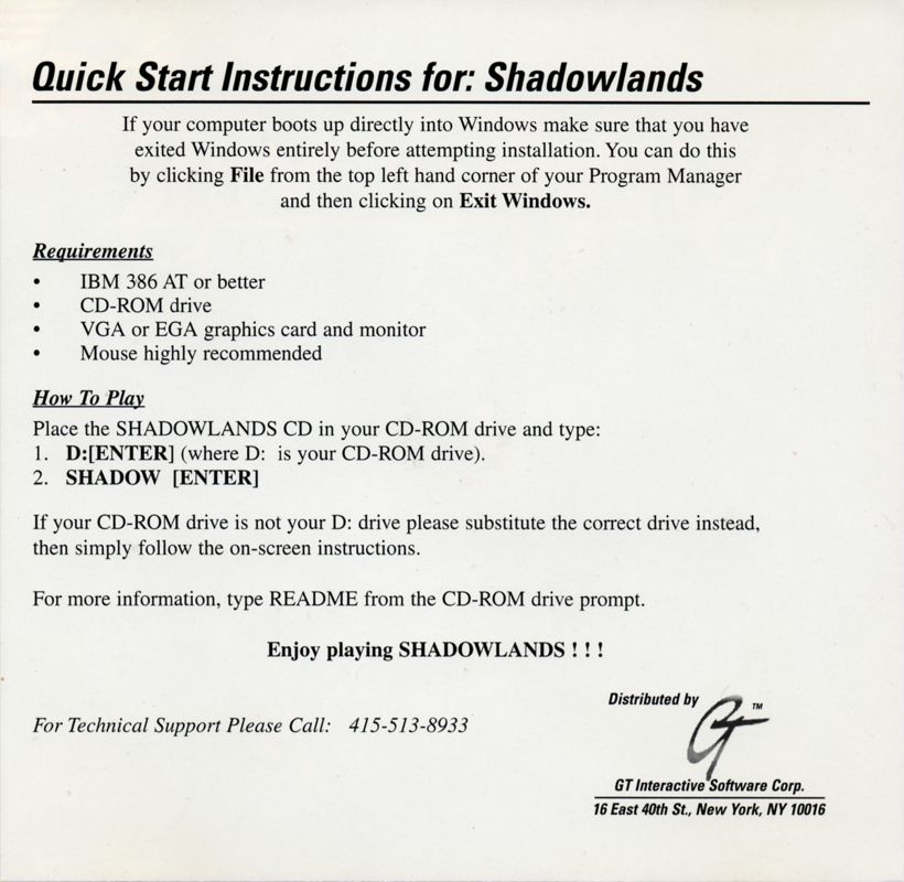 Inside Cover for Shadowlands (DOS) (GoodTimes Entertainment release): Left