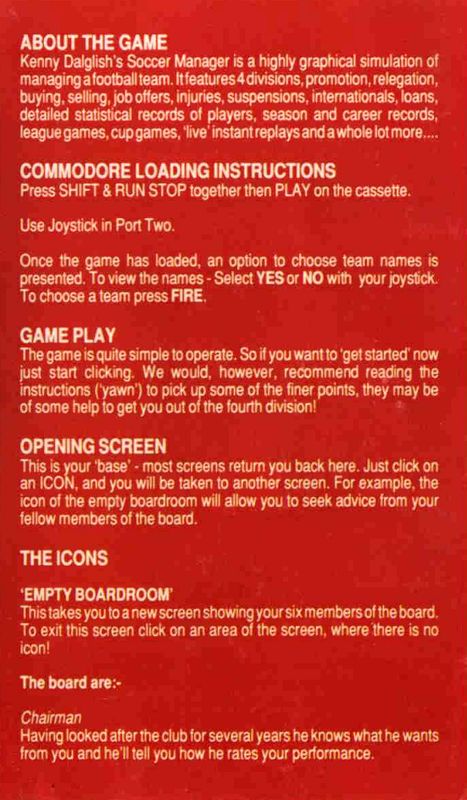 Inside Cover for Kenny Dalglish Soccer Manager (Commodore 64)
