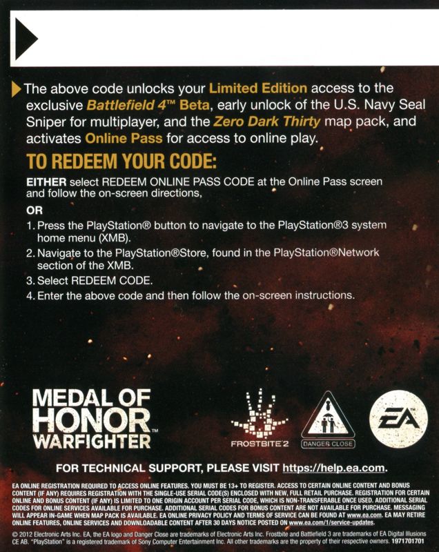 Other for Medal of Honor: Warfighter (Limited Edition) (PlayStation 3): Battlefield 4 Beta Code