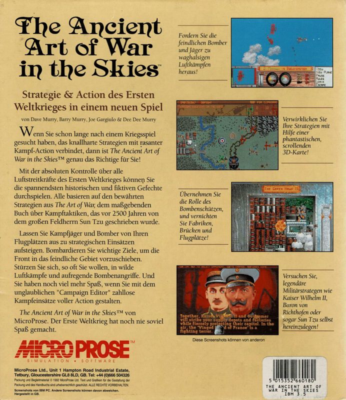 Back Cover for The Ancient Art of War in the Skies (DOS)