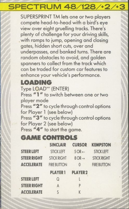 Inside Cover for Super Sprint (ZX Spectrum)