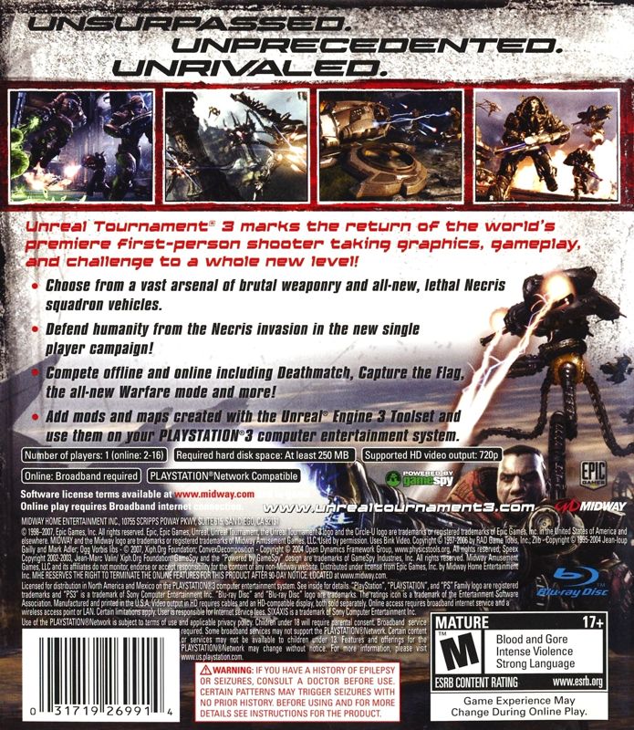 Back Cover for Unreal Tournament III (PlayStation 3)