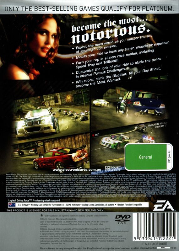 Back Cover for Need for Speed: Most Wanted (PlayStation 2) (Platinum release)