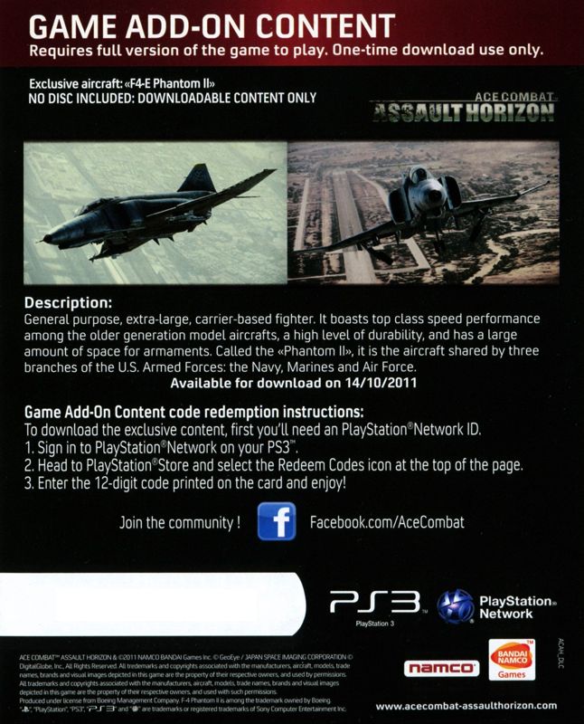Other for Ace Combat: Assault Horizon (Limited Edition) (PlayStation 3): DLC Code - Back