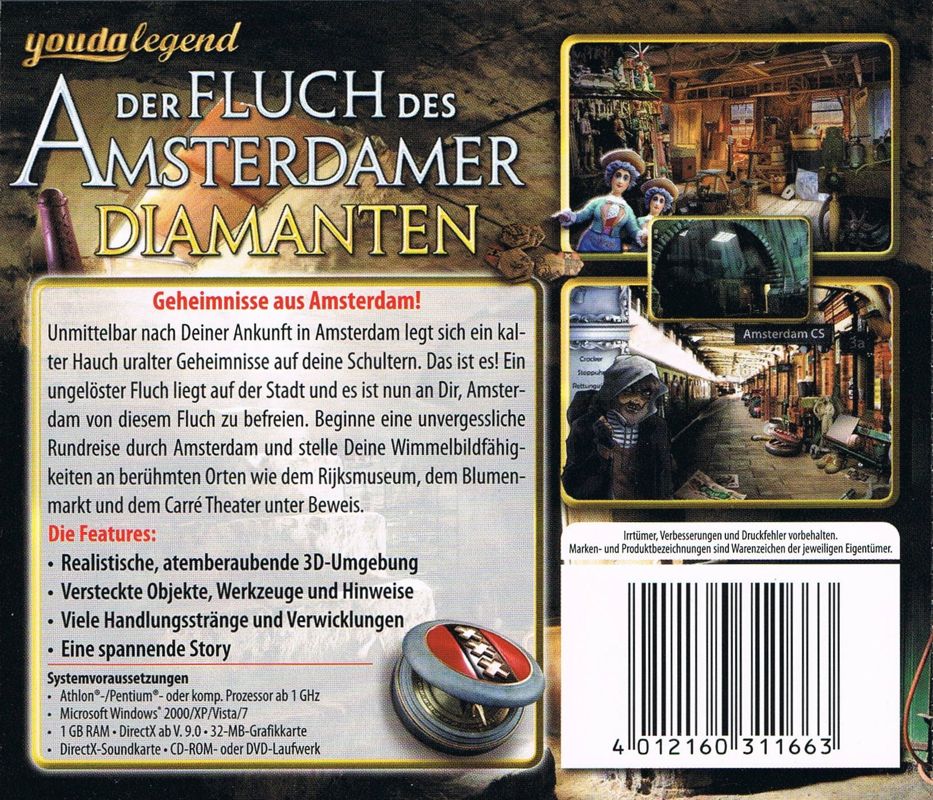 Back Cover for Youda Legend: The Curse of the Amsterdam Diamond (Windows) (Software Pyramide release)