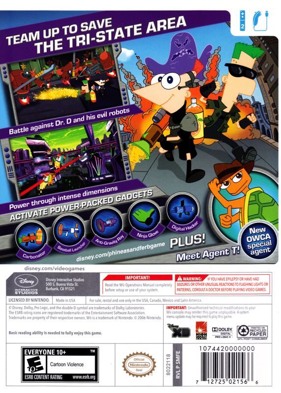 Back Cover for Phineas and Ferb: Across the 2nd Dimension (Wii) (This package was also distributed in Latin America.)