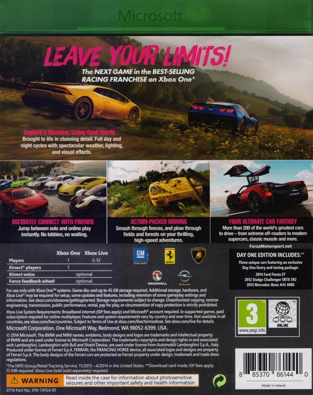 Back Cover for Forza Horizon 2 (Day One Edition) (Xbox One)