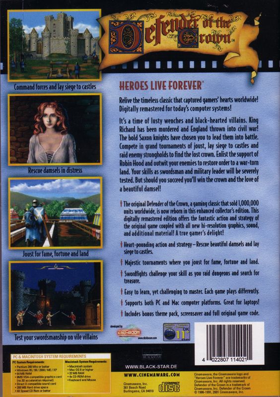 Back Cover for Defender of the Crown: Digitally Remastered Collector's Edition (Macintosh and Windows)