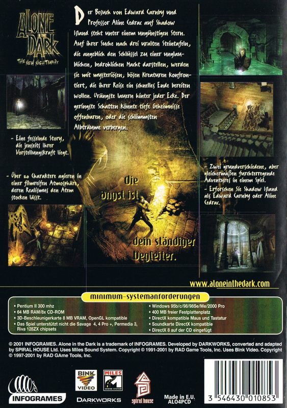 Back Cover for Alone in the Dark: The New Nightmare (Windows) (DVD re-release with new USK Logo)