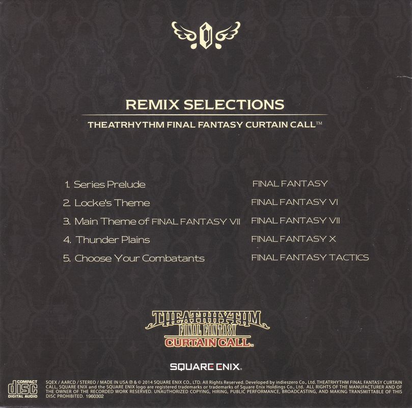 Soundtrack for Theatrhythm: Final Fantasy - Curtain Call (Collector's Edition) (Nintendo 3DS): Remix Selections - Sleeve Back