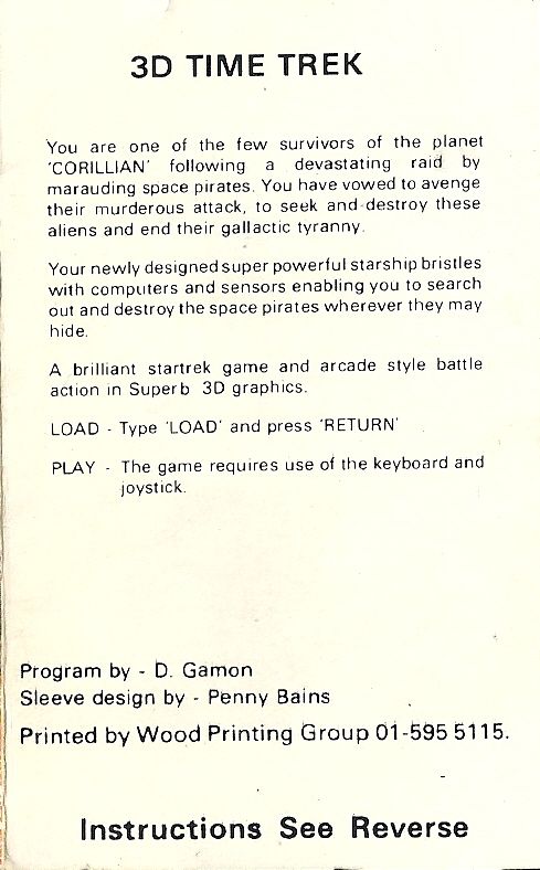 Back Cover for 3D Time Trek (Commodore 64)