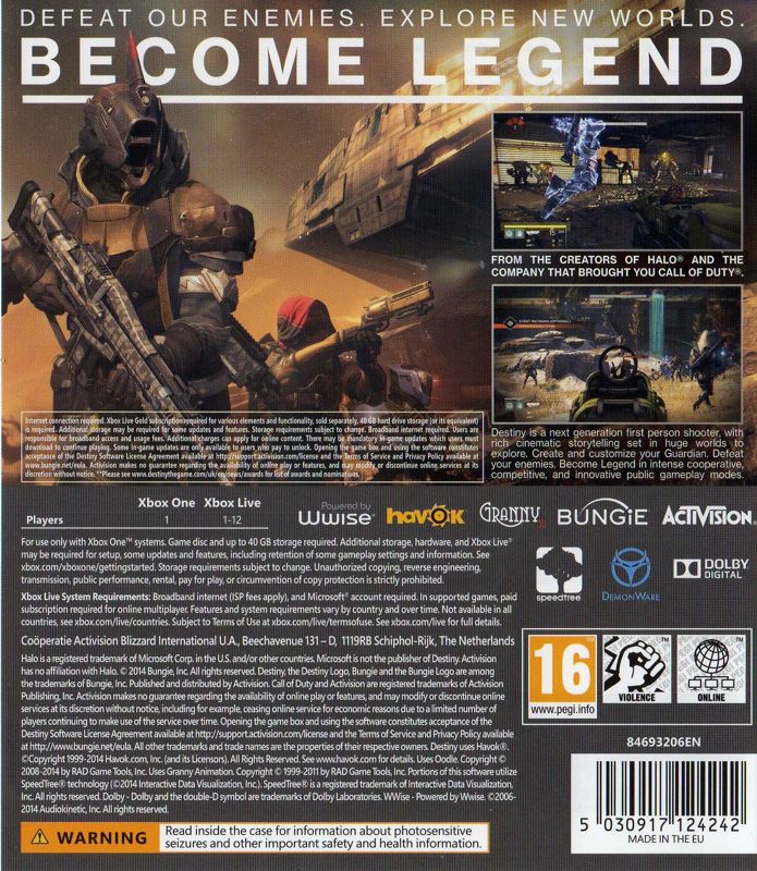 Back Cover for Destiny (Xbox One) (European English release)