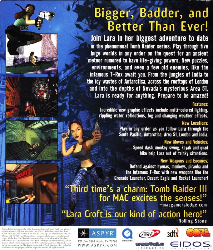 Back Cover for Tomb Raider III: Adventures of Lara Croft (Macintosh)