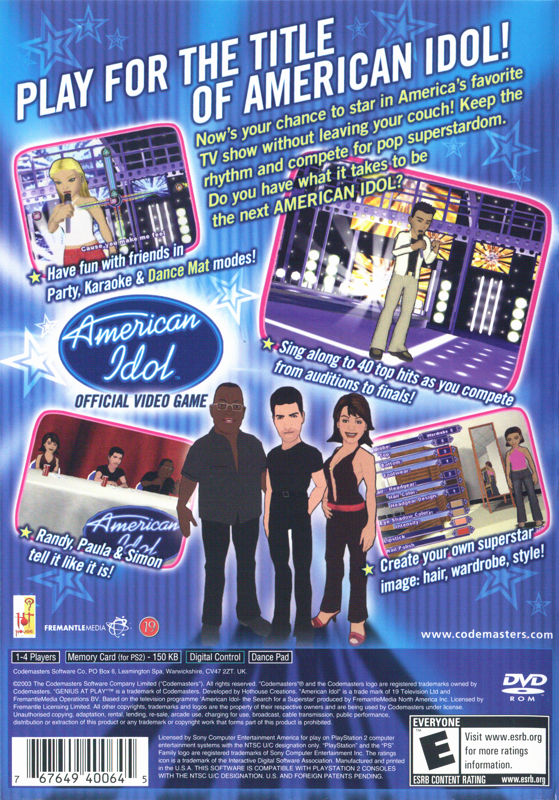 Back Cover for American Idol (PlayStation 2)