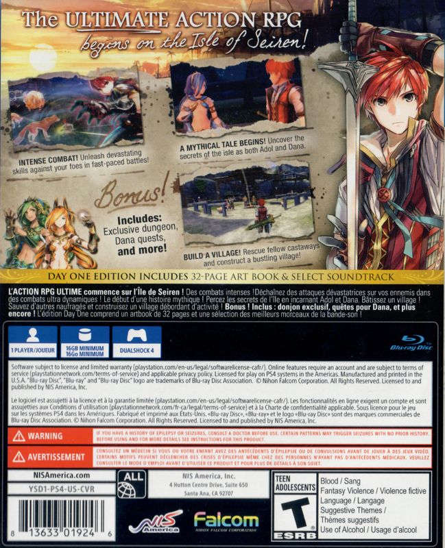Back Cover for Ys VIII: Lacrimosa of Dana (PlayStation 4) (Day One Edition)