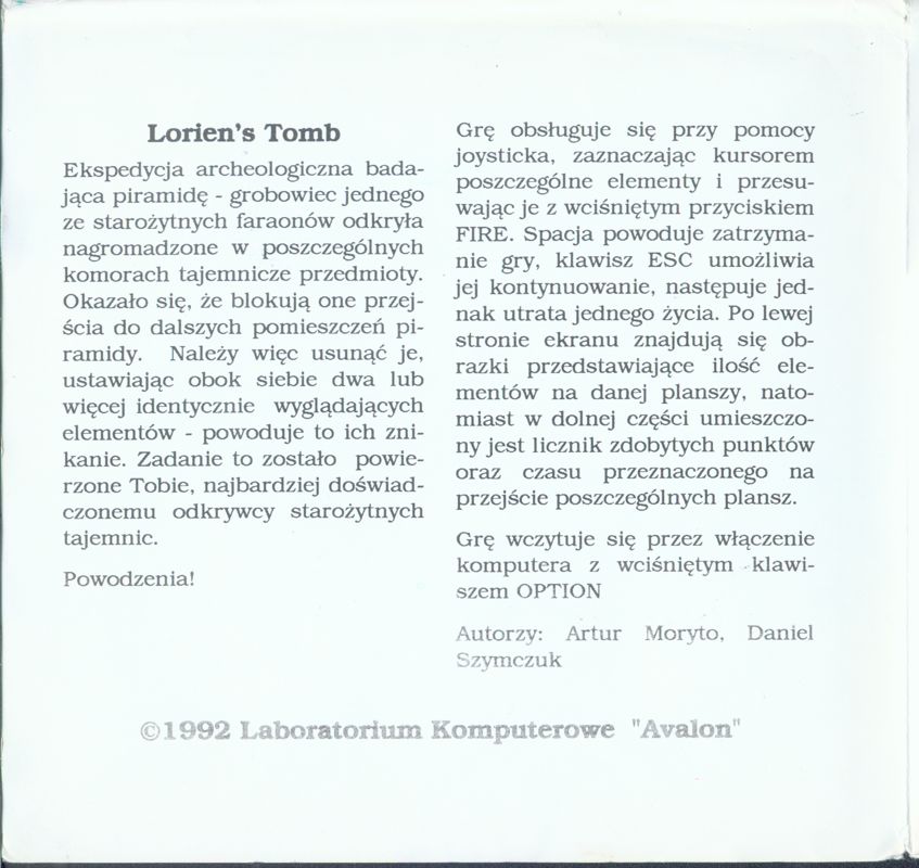 Inside Cover for Lorien's Tomb (Atari 8-bit) (5.25" disk release - alternate): Left Flap