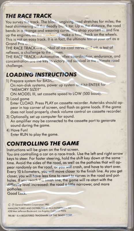 Back Cover for The Racetrack (TRS-80)