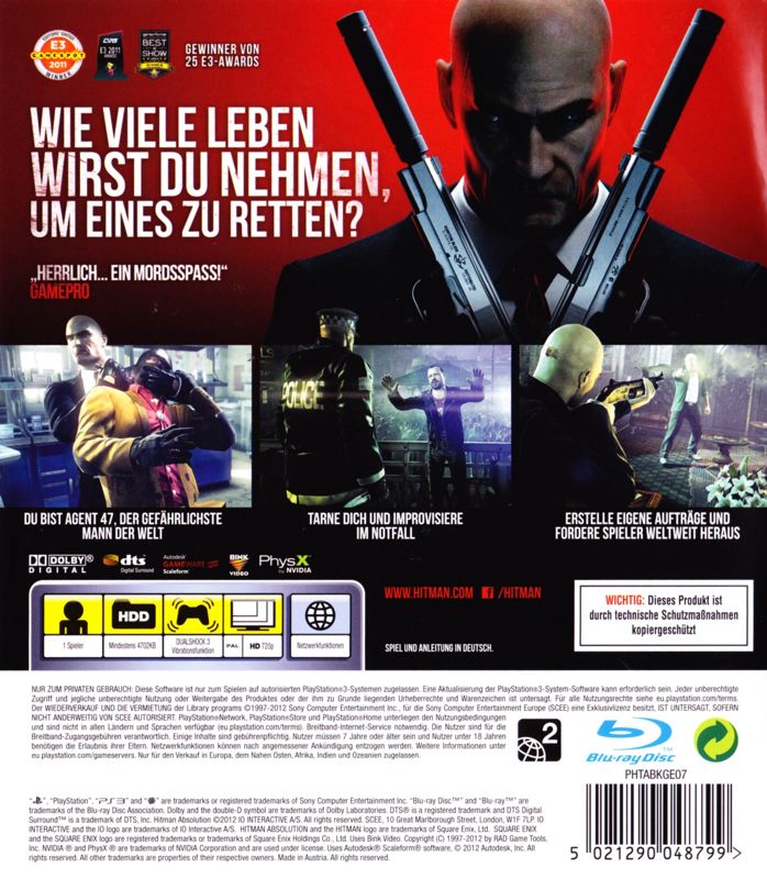 Back Cover for Hitman: Absolution (PlayStation 3)