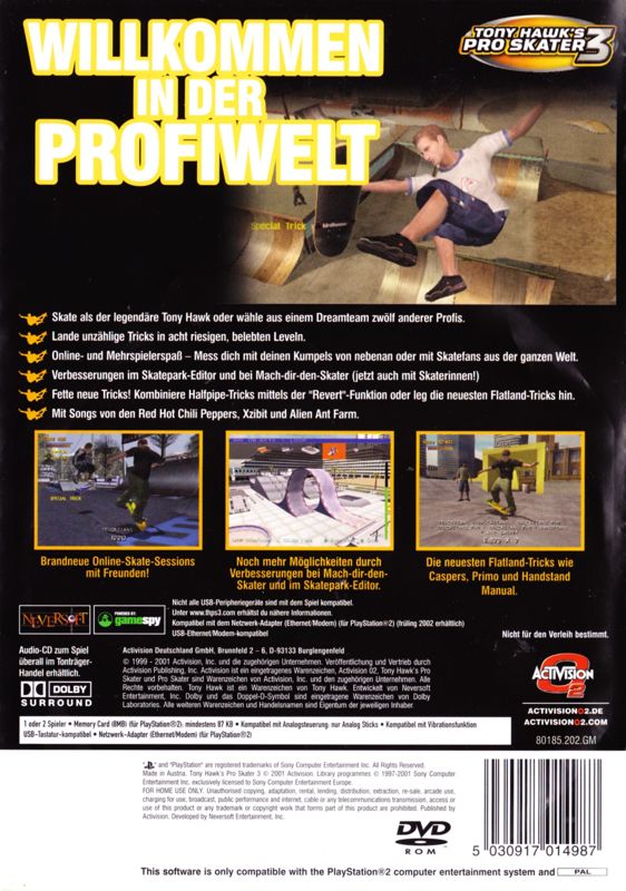 Back Cover for Tony Hawk's Pro Skater 3 (PlayStation 2)