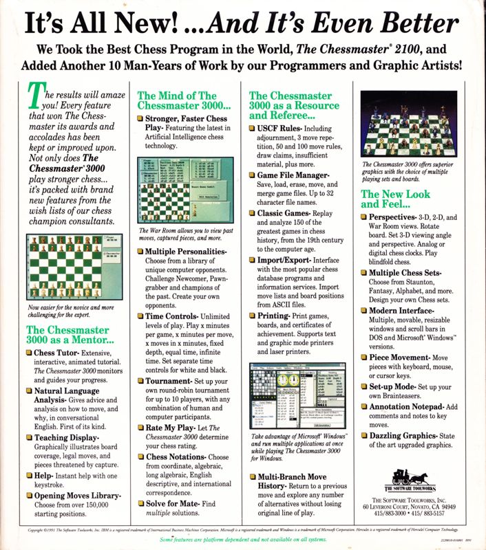 Back Cover for The Chessmaster 3000 (DOS) (5.25" & 3.5" disks included)