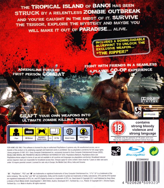 Back Cover for Dead Island (Special Edition) (PlayStation 3)
