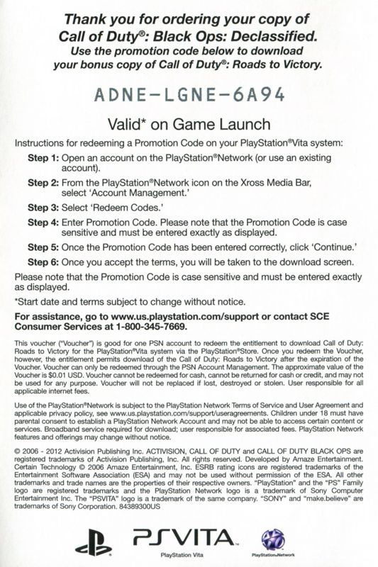 Other for Call of Duty: Black Ops - Declassified (PS Vita): DLC Code - Back