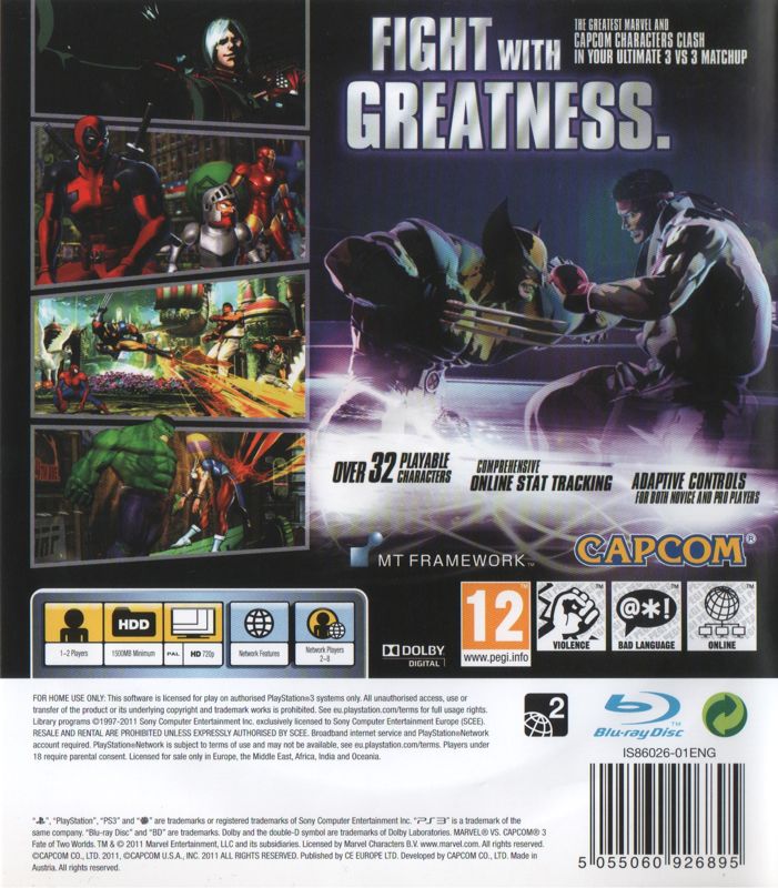 Back Cover for Marvel Vs. Capcom 3: Fate of Two Worlds (PlayStation 3)