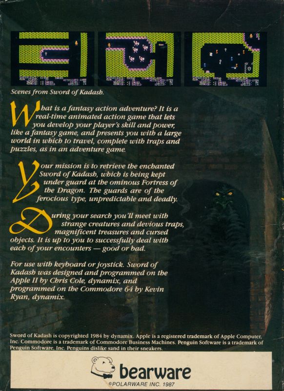 Back Cover for Sword of Kadash (Commodore 64) (Top/Bottom Opener Box)